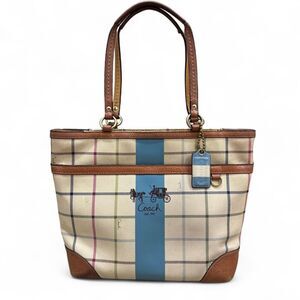 Coach Blue Stripe Plaid Tattersall Tote Cream Canvas Heritage Bag